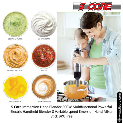 BQ1- 5 Core Handheld Blender, Electric Hand Blender 8-Speed 500W, Immersion Hand Held Blender Stick with Food Grade Stainless Steel Blades for Perfect Smoothies, Puree Baby Food & Soup - HB 1510 - Likeshoppe 