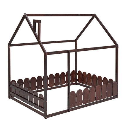 AS21- (Slats are not included) Full Size Wood Bed House Bed Frame with Fence;  for Kids;  Teens;  Girls;  Boys - Likeshoppe 