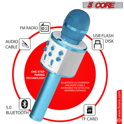 CC18- 5 Core Karaoke Wireless Microphones Bluetooth • w Stereo Mic Speaker • Portable Recording Microfono Inalambrico • SD Card & USB • Gifts Music Toys for Kids and Adults All Age- WM SPK BLU - Likeshoppe 