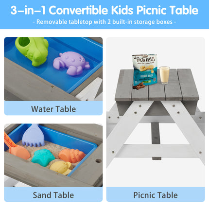 BL1-3-in-1 Kids Outdoor Wooden Picnic Table With Umbrella, Convertible Sand & Wate, Gray ASTM & CPSIA CERTIFICATION - Likeshoppe 