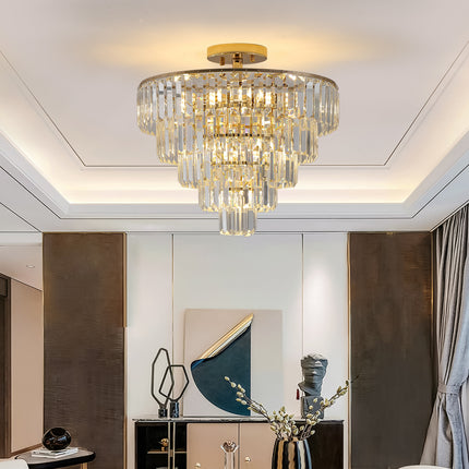 BX1- Gold Crystal Chandeliers,5-Tier Round Semi Flush Mount Chandelier Light Fixture,Large Contemporary Luxury Ceiling Lighting for Living Room Dining Room Bedroom Hallway - Likeshoppe 