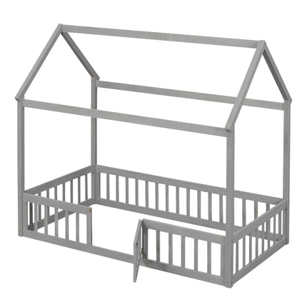 AS13- Twin Size Wood House Bed with Fence and Door - Likeshoppe 