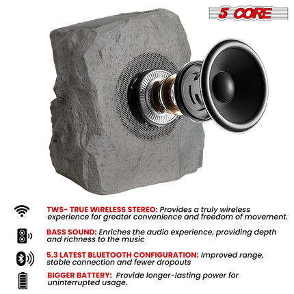 CC15- 5 Core Outdoor Speakers Bluetooth Waterproof Linkable TWS 10W RMS Pool Patio Garden Wireless Subwoofer Outside Solar Rock Speaker w LED Light All Season Use - GRDNSPK SP GRY - Likeshoppe 