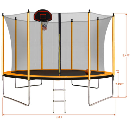 BA19- 10FT Trampoline with Basketball Hoop Inflator and Ladder(Inner Safety Enclosure) Orange - Likeshoppe 
