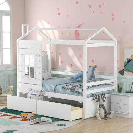 AS8- Twin Size House Bed Wood Bed with Two Drawers - Likeshoppe 