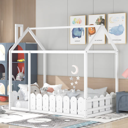 AS24- (Slats are not included) Twin Size Wood Bed House Bed Frame with Fence;  for Kids;  Teens;  Girls;  Boys - Likeshoppe 