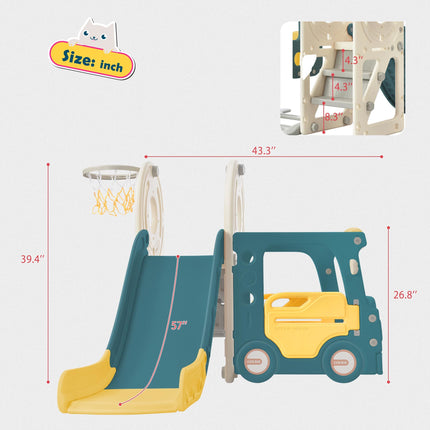 BB21- Kids Slide with Bus Play Structure; Freestanding Bus Toy with Slide for Toddlers; Bus Slide Set with Basketball Hoop - Likeshoppe 
