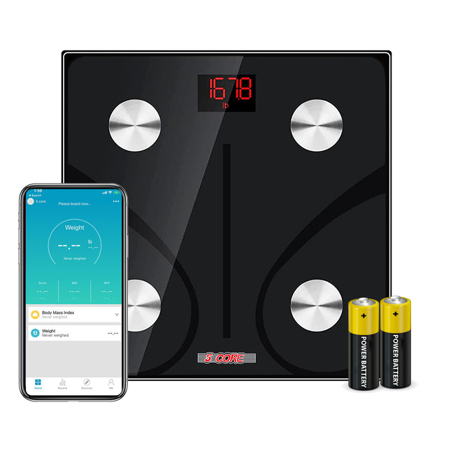 BT1- 5 Core Scale for Body Weight Battery Power Smart Digital Most Accurate Fat Loss Machine Pesas Para Pesar Personas w App Sync - BBS DOT B BLK - Likeshoppe 