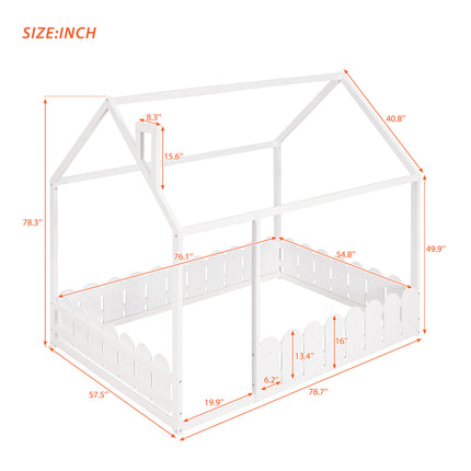 AS21- (Slats are not included) Full Size Wood Bed House Bed Frame with Fence;  for Kids;  Teens;  Girls;  Boys - Likeshoppe 