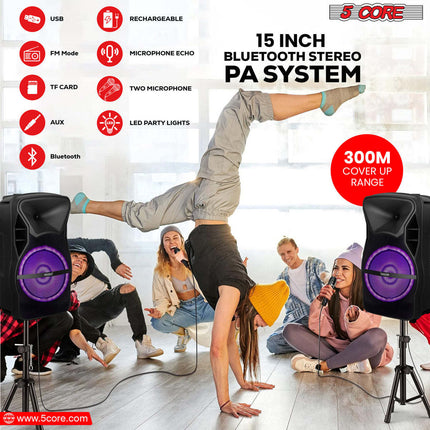 CC6- 5 Core Powered PA Speaker 80W RMS Portable Active Powered DJ Audio System w Bluetooth 5.1 Two Wireless UHF Mics and Remote - ACTIVE HOME 15 2-MIC - Likeshoppe 
