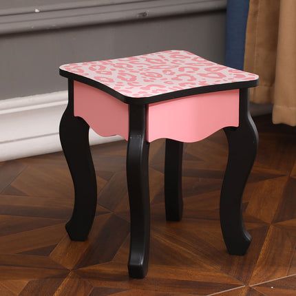 AY5- Kids Gisele Leopard Print Wooden Vanity Set with Tri-Fold Mirror Table and Chair, Pink/Black, - Likeshoppe 