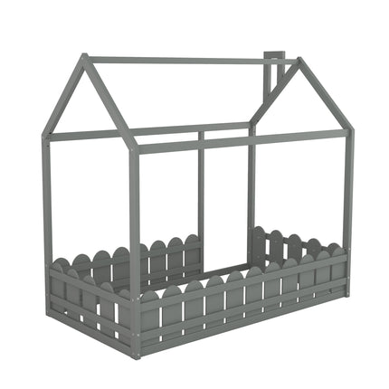 AS24- (Slats are not included) Twin Size Wood Bed House Bed Frame with Fence;  for Kids;  Teens;  Girls;  Boys - Likeshoppe 