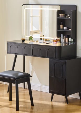 Modern Makeup Vanity Desk with LED Mirror – Black Dressing Table with 4 Drawers & Stool