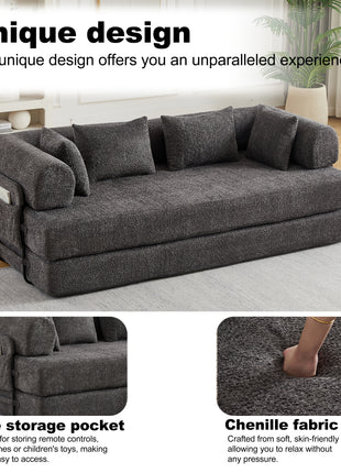 78.7” Convertible Sleeper Sofa Bed in Grey Chenille – Folding Couch with Pillows, Storage Pocket & Floor Lounge Design