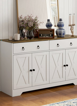 Farmhouse Sideboard Buffet Cabinet with Barn Doors – Rustic Kitchen Credenza Storage Cabinet with Drawers