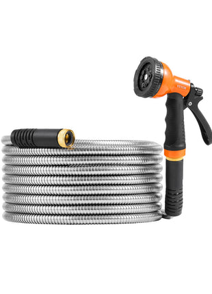 25FT Metal Garden Hose – Stainless Steel No-Kink Water Hose with Spray Nozzle