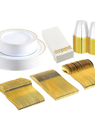 175PCS Gold Rim Disposable Dinnerware Set for 25 Guests – Elegant Party Plates Cups & Utensils