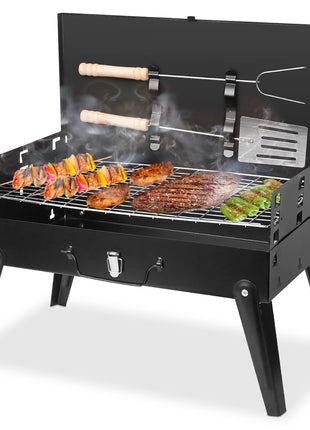 Portable Charcoal BBQ Grill Foldable Suitcase Camping Grill with Adjustable Heights for Outdoor Cooking