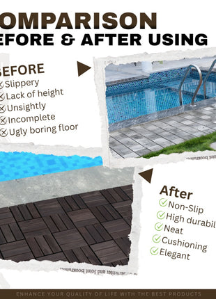 10 PCS Acacia Wood Interlocking Deck Tiles – 12" × 12" Checker Pattern Outdoor Patio Flooring for Balcony & Poolside
