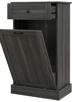 Tilt-Out Kitchen Trash Can Cabinet – Hidden Garbage Bin Storage with Drawer and Wood Top (Charcoal Gray)
