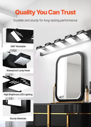 Likeshoppe 40W LED Vanity Light with 5 Rotatable Heads – Modern Waterproof Bathroom Light Fixture for Mirror & Makeup Lighting
