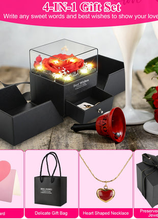 Preserved Red Rose with Heart Necklace – Eternal Real Rose Gift Box for Women