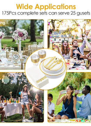 175PCS Gold Rim Disposable Dinnerware Set for 25 Guests – Elegant Party Plates Cups & Utensils