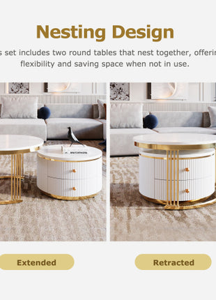 White Round Nesting Coffee Table Set with Drawers – Modern Coffee Tables with Gold Legs