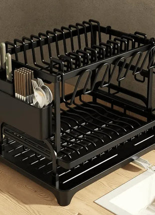 2-Tier Kitchen Dish Drying Rack Large Capacity – Dish Rack with Drain Board & Rotatable Spout