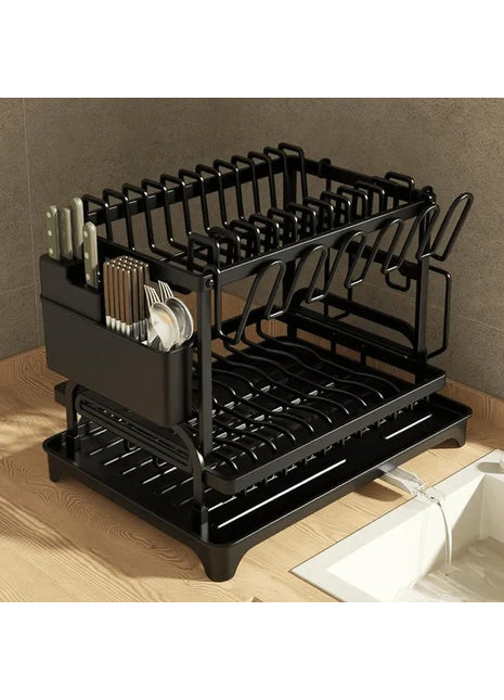 2-Tier Kitchen Dish Drying Rack Large Capacity – Dish Rack with Drain Board & Rotatable Spout