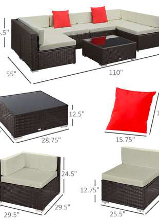 Likeshoppe 7 Piece Outdoor Rattan Sectional Sofa Set with Cushions & Glass Table – Modular Patio Furniture for Backyard, Garden & Outdoor Seating