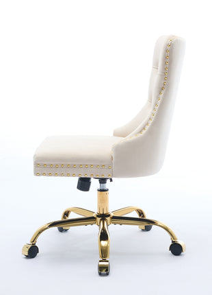 Likeshoppe Furniture Office Chair,Modern Velvet Upholstered Tufted Button Home Office Chair With Golden Metal Base,Adjustable Desk Chair Swivel Office Chair Beige
