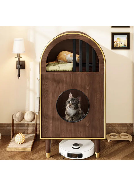 2-Tier Cat Litter Box Enclosure & Condo Cat Bed – Modern Arch Cat House Furniture for 2 Cats (Espresso)
