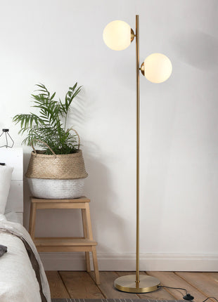 Modern Gold Floor Lamp with Dual Globe Glass Shades – 2-Light Standing Lamp with Foot Switch for Living Room & Bedroom