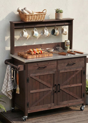 54.1" Outdoor Kitchen Island Cart with Stainless Steel Top, Storage Cabinets & High Shelf Hooks – Solid Wood BBQ Prep Table (Brown)