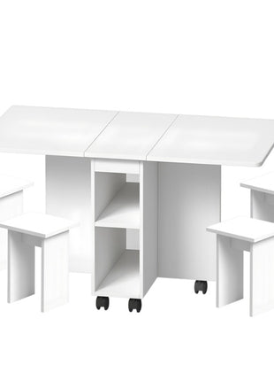 Likeshoppe Folding Drop Leaf Dining Table Set for 4 with Storage & Wheels – Space Saving White Table and Chairs for Small Spaces