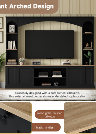 91" Arched Entertainment Center Wall Unit – Farmhouse TV Stand with Bookshelf for TVs up to 70"