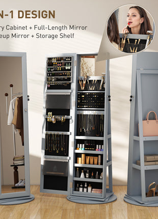 360° Swivel Jewelry Armoire with Full-Length Mirror – Lockable Standing Jewelry Cabinet Gray