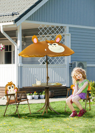 Kids Outdoor Table and Chair Set with Umbrella – Monkey 4-Piece Patio Furniture Set for Backyard Ages 3–6