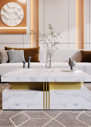 Modern White Square Coffee Table with 4 Drawers – Luxury Living Room Storage Table