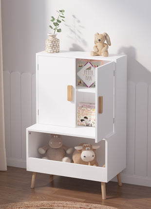 Likeshoppe Kids Toy Storage Cabinet with Doors and Open Shelf – Modern White Wooden Organizer for Nursery, Playroom & Bedroom