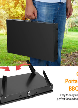 Portable Charcoal BBQ Grill Foldable Suitcase Camping Grill with Adjustable Heights for Outdoor Cooking