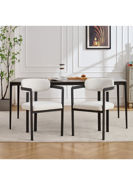 Mid-Century Boucle Dining Chairs Set of 2 – Upholstered Kitchen Chairs with Black Metal Legs