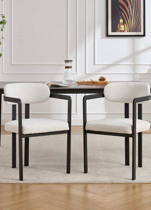 Mid-Century Boucle Dining Chairs Set of 2 – Upholstered Kitchen Chairs with Black Metal Legs