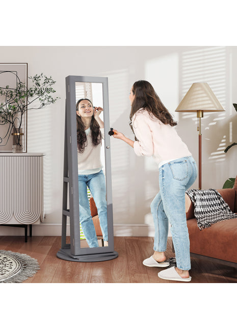 360° Swivel Jewelry Armoire with Full-Length Mirror – Lockable Standing Jewelry Cabinet Gray