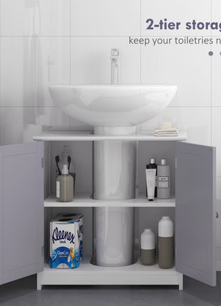 Likeshoppe Under Sink Bathroom Cabinet with U-Shaped Cut-Out – White & Gray Space Saving Vanity Storage with Adjustable Shelf for Small Bathrooms