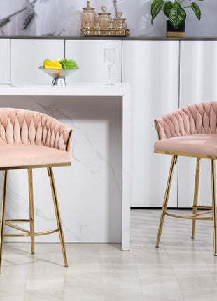 Modern Velvet Bar Stools Set of 2 – Counter Height Kitchen Island Chairs with Gold Metal Base