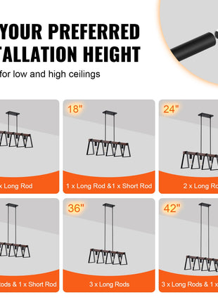 4-Light Kitchen Island Pendant Light with Adjustable Rods – Modern Black Metal Dining Room Chandelier with Walnut Wood Finish