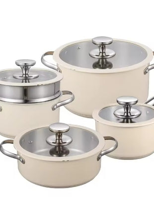 Likeshoppe 9-Piece Stainless Steel Ceramic Coated Cookware Set – Nonstick Pots & Pans with Glass Lids and Steamer