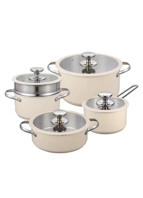 Likeshoppe 9-Piece Stainless Steel Ceramic Coated Cookware Set – Nonstick Pots & Pans with Glass Lids and Steamer